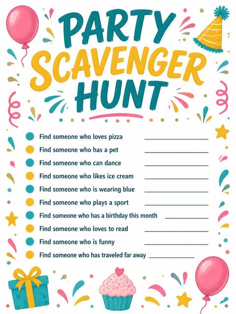 Scavenger hunt in the Teal and Yellow Confetti 14th Birthday design