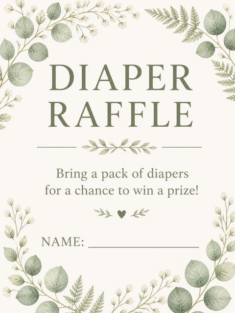 Diaper raffle ticket in the Watercolor Eucalyptus Wreath Baby Shower design