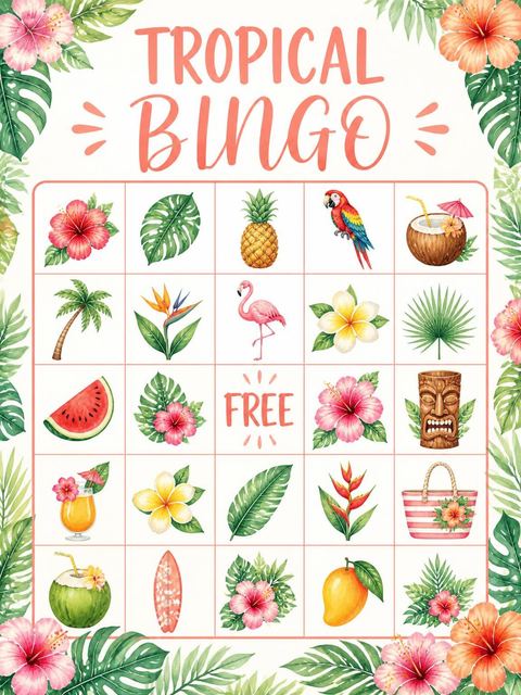 Bingo grid in the Watercolor Parrot Hibiscus 4th Birthday Invitation design