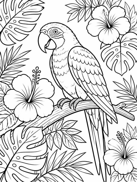 Coloring sheet in the Watercolor Parrot Hibiscus 4th Birthday Invitation design