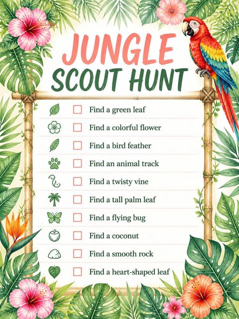 Scavenger hunt in the Watercolor Parrot Hibiscus 4th Birthday Invitation design