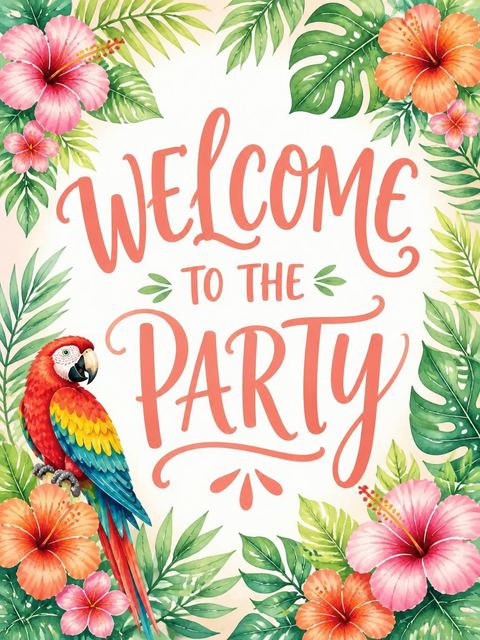 Welcome sign in the Watercolor Parrot Hibiscus 4th Birthday Invitation design