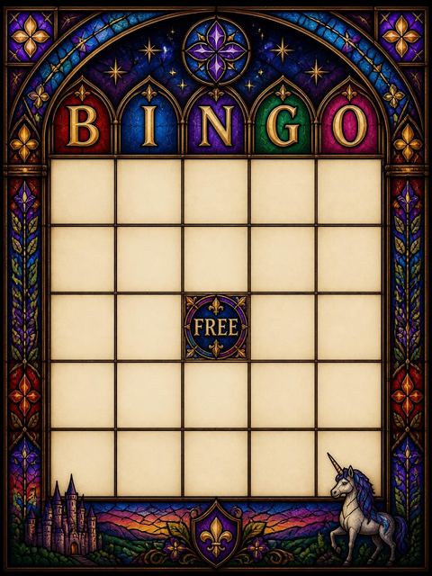Bingo grid in the Stained Glass Unicorn Princess 5th Birthday Invitation design