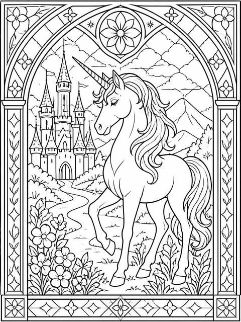 Coloring sheet in the Stained Glass Unicorn Princess 5th Birthday Invitation design