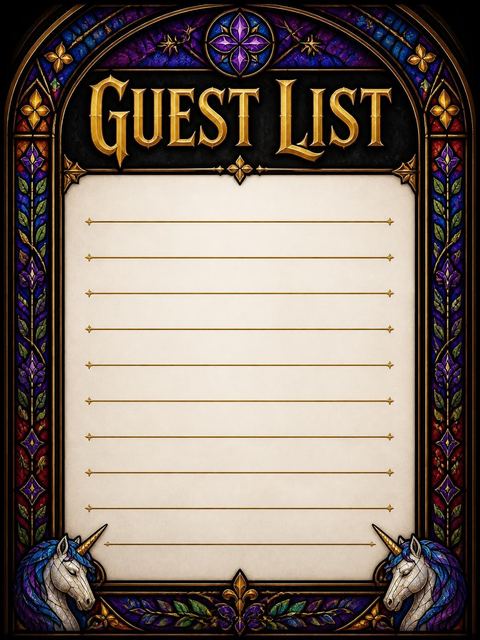 Guest sign-in sheet in the Stained Glass Unicorn Princess 5th Birthday Invitation design