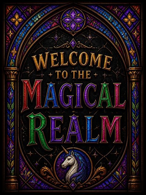 Welcome sign in the Stained Glass Unicorn Princess 5th Birthday Invitation design