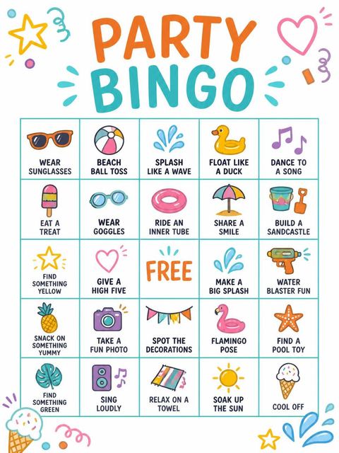 Bingo grid in the Colorful Doodle Pool 6th Birthday Party design