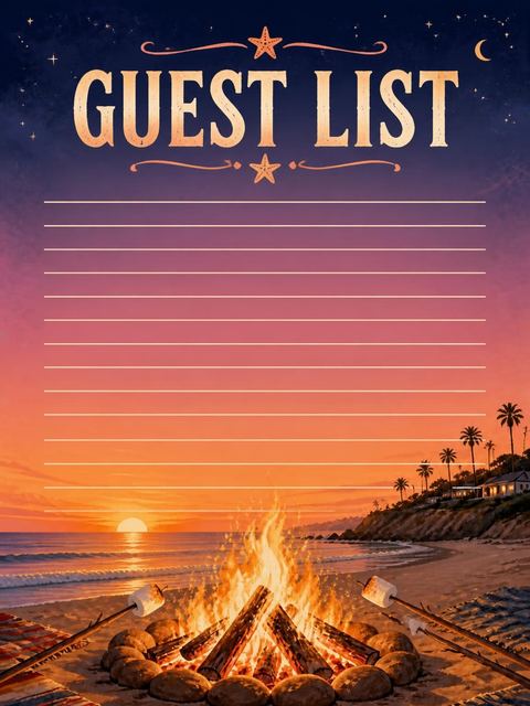 Guest sign-in sheet in the Sunset Beach Bonfire Party Invitation design