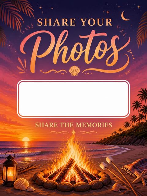 Hashtag card in the Sunset Beach Bonfire Party Invitation design