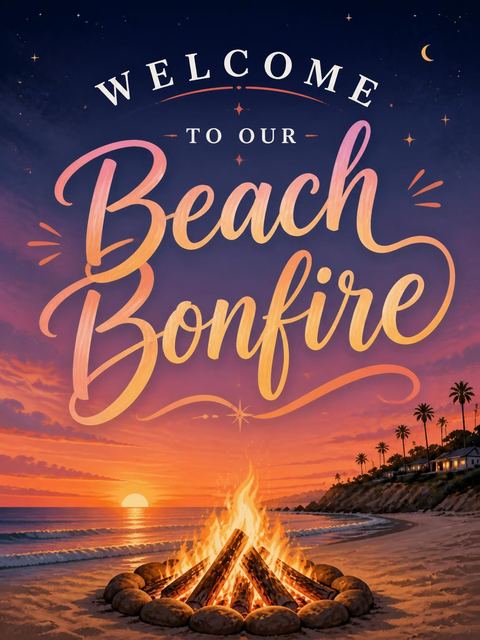 Welcome sign in the Sunset Beach Bonfire Party Invitation design