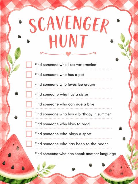 Scavenger hunt in the Watercolor Watermelon Slice 3rd Birthday design