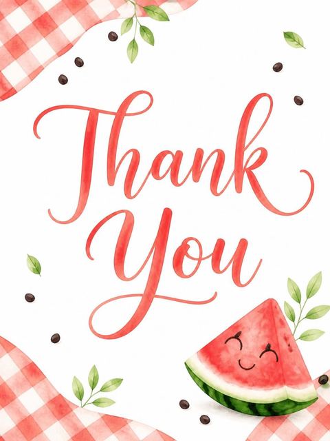 Thank-you flat in the Watercolor Watermelon Slice 3rd Birthday design