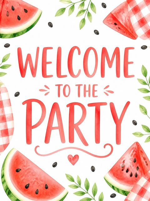 Welcome sign in the Watercolor Watermelon Slice 3rd Birthday design