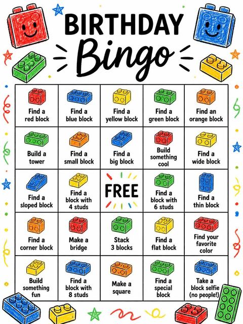 Bingo grid in the Crayon Sketch Brick 5th Birthday design