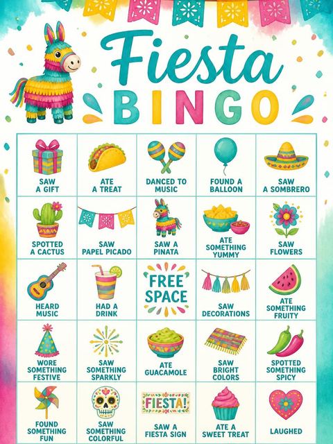 Bingo grid in the Watercolor Piñata 9th Birthday Invite design