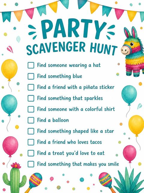 Scavenger hunt in the Watercolor Piñata 9th Birthday Invite design