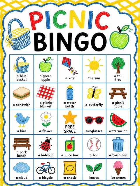 Bingo grid in the Crayon Picnic Basket 4th Birthday Invitation design