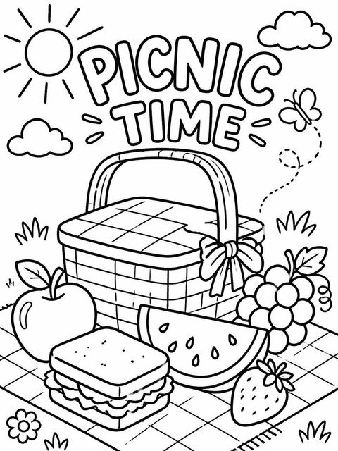 Coloring sheet in the Crayon Picnic Basket 4th Birthday Invitation design