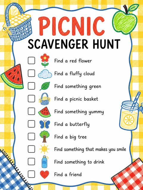 Scavenger hunt in the Crayon Picnic Basket 4th Birthday Invitation design