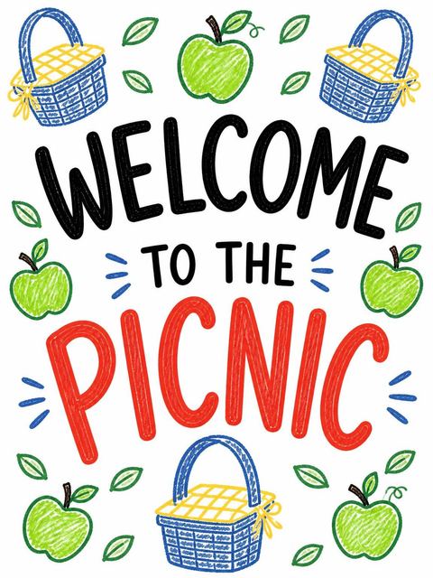 Welcome sign in the Crayon Picnic Basket 4th Birthday Invitation design