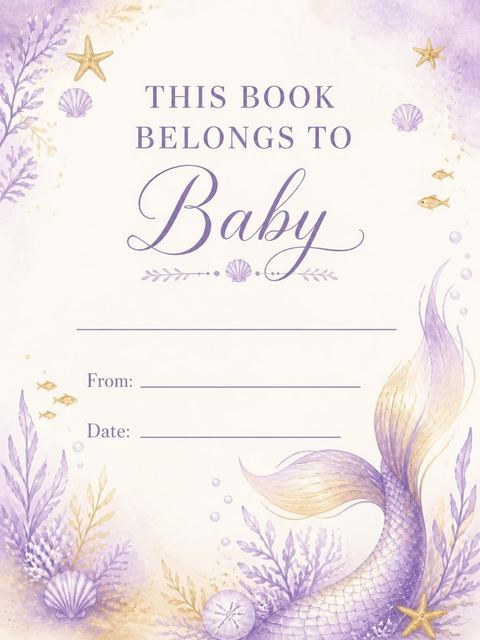 Books for baby bookplate in the Lavender Watercolor Mermaid Baby Shower design