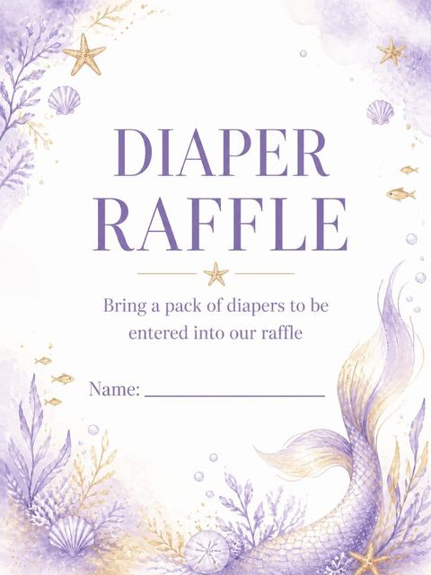 Diaper raffle ticket in the Lavender Watercolor Mermaid Baby Shower design