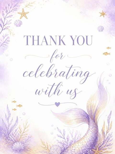Thank-you flat in the Lavender Watercolor Mermaid Baby Shower design