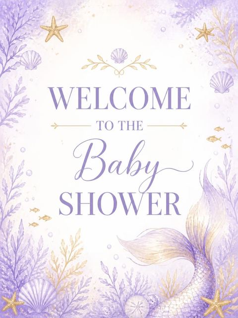 Welcome sign in the Lavender Watercolor Mermaid Baby Shower design