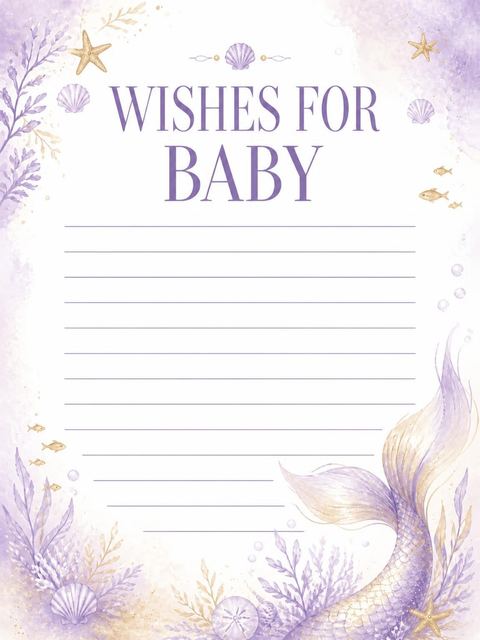 Wishes page in the Lavender Watercolor Mermaid Baby Shower design