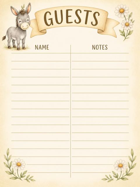 Guest sign-in sheet in the Watercolor Donkey Daisy 3rd Birthday design