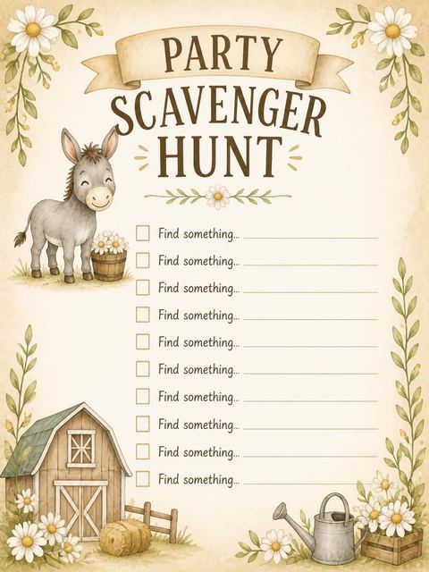 Scavenger hunt in the Watercolor Donkey Daisy 3rd Birthday design