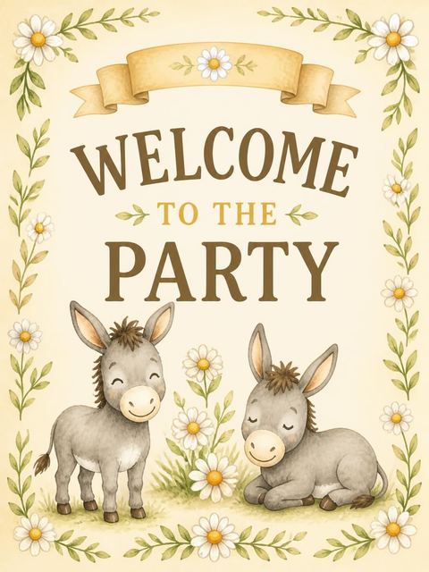 Welcome sign in the Watercolor Donkey Daisy 3rd Birthday design