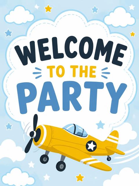 Welcome sign in the Yellow Airplane Sky 3rd Birthday Invitation design