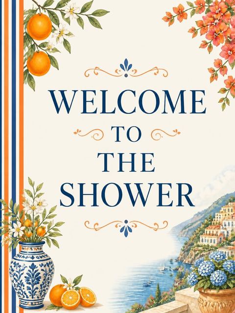 Welcome sign in the Watercolor Citrus Amalfi Coast Bridal Shower design