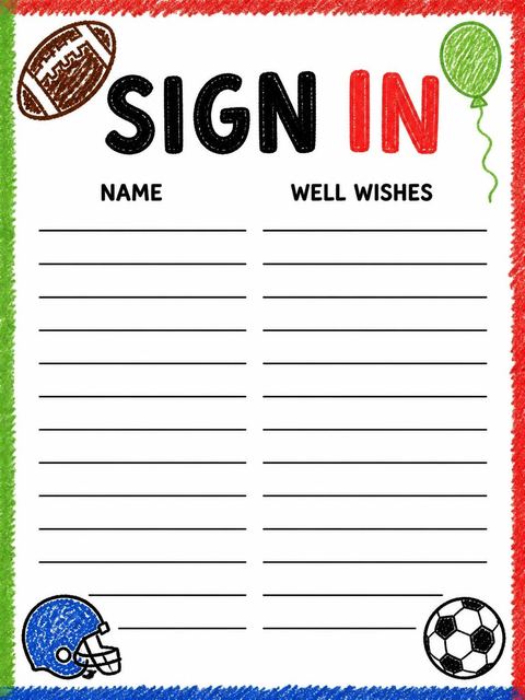 Guest sign-in sheet in the Crayon Football Illustration 3rd Birthday design
