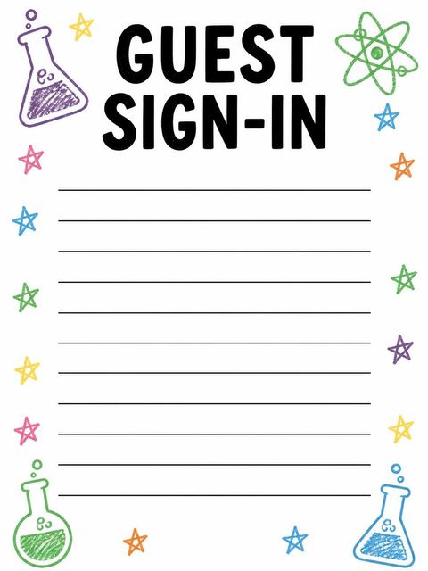 Guest sign-in sheet in the Crayon Science Lab 1st Birthday design