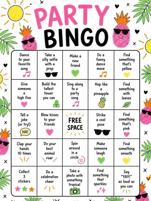 Bingo grid in the Crayon Tropical Pineapple Fruit 4th Birthday design