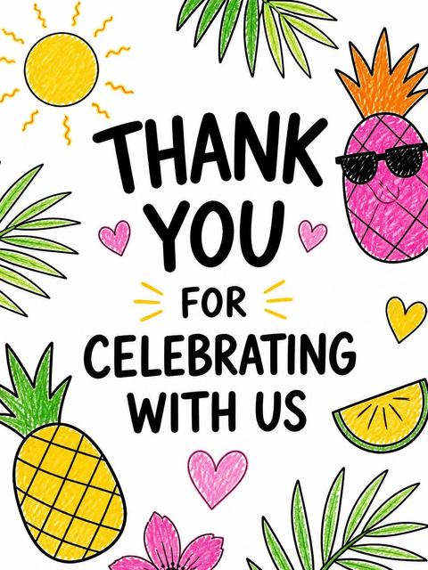 Thank-you flat in the Crayon Tropical Pineapple Fruit 4th Birthday design
