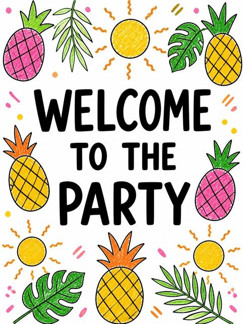 Welcome sign in the Crayon Tropical Pineapple Fruit 4th Birthday design