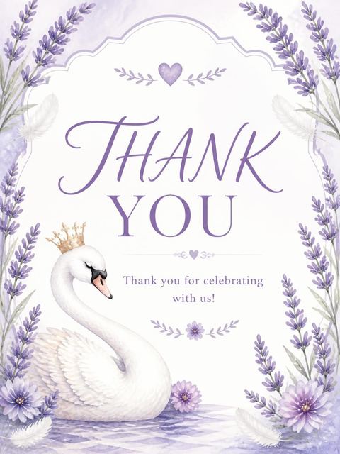 Thank-you flat in the Lavender Swan Watercolor 3rd Birthday design