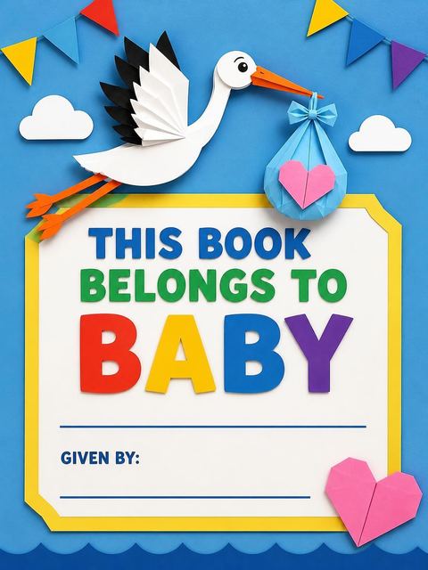 Books for baby bookplate in the Paper-Cut Stork Multi-Color Baby Shower design