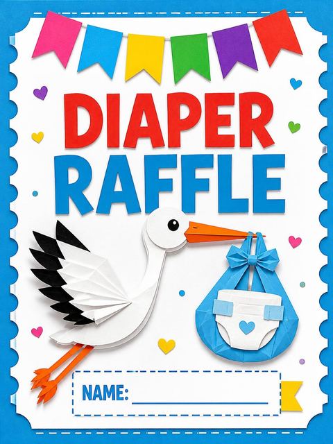 Diaper raffle ticket in the Paper-Cut Stork Multi-Color Baby Shower design
