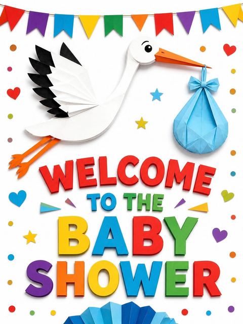 Welcome sign in the Paper-Cut Stork Multi-Color Baby Shower design
