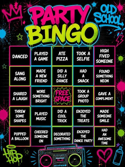Bingo grid in the Neon Graffiti Boombox 13th Birthday Invitation design