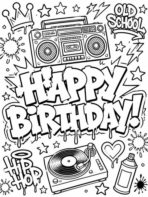 Coloring sheet in the Neon Graffiti Boombox 13th Birthday Invitation design