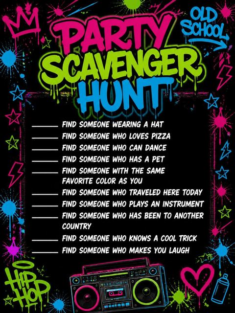 Scavenger hunt in the Neon Graffiti Boombox 13th Birthday Invitation design