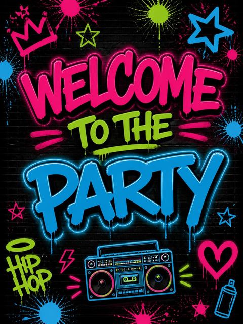 Welcome sign in the Neon Graffiti Boombox 13th Birthday Invitation design