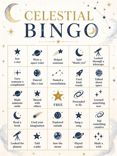 Bingo grid in the Watercolor Telescope Celestial 3rd Birthday design