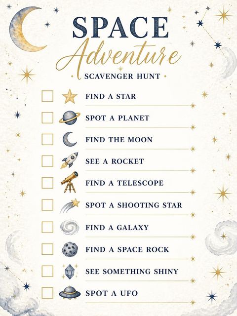 Scavenger hunt in the Watercolor Telescope Celestial 3rd Birthday design