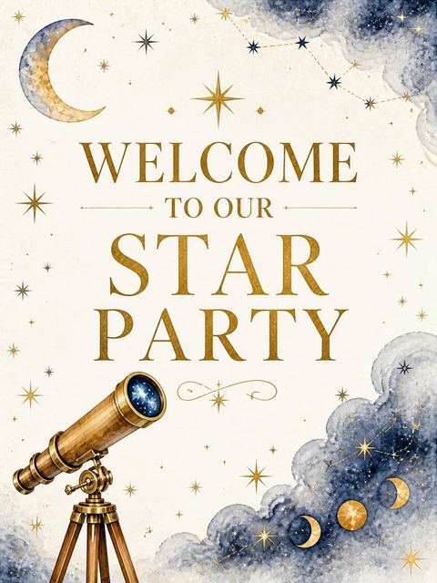 Welcome sign in the Watercolor Telescope Celestial 3rd Birthday design